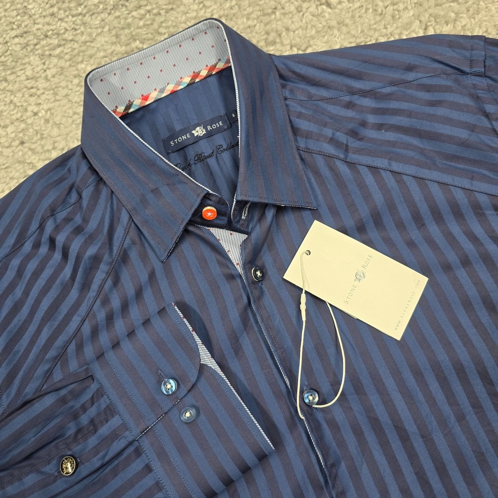 Stone Rose Dress Shirt Mens 4 Large Navy Tone on Tone Stripe‎ Black Rivet Cotton